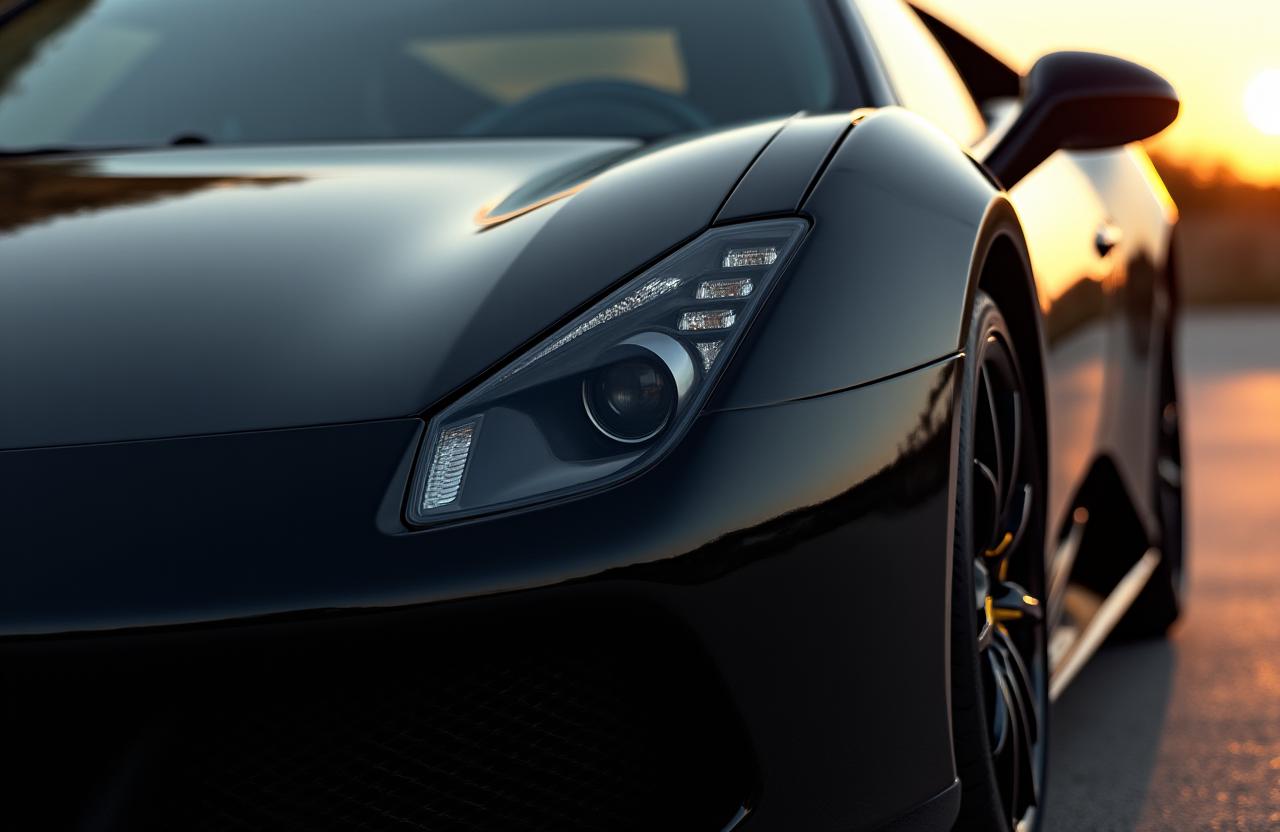 A flawlessly detailed black sports car with a mirror-like finish