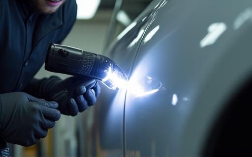 Technician inspecting car paint with a light