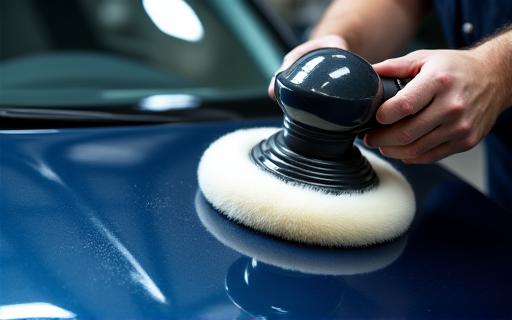 Technician polishing a car hood