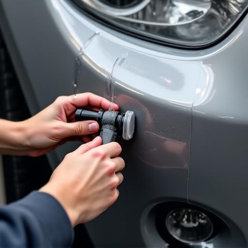 Technician applying paint protection film to a car bumper